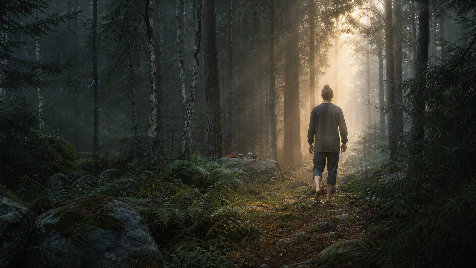 A lone person walking barefoot into a sunlit Swedish forest